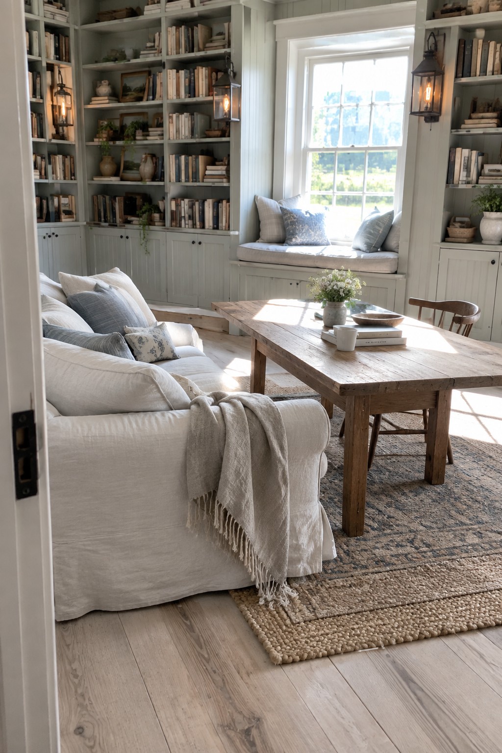 A bright interior room with floor-to-ceiling built-in bookshelves filled with books, a white sofa, a wooden table, and a window seat with cushions.