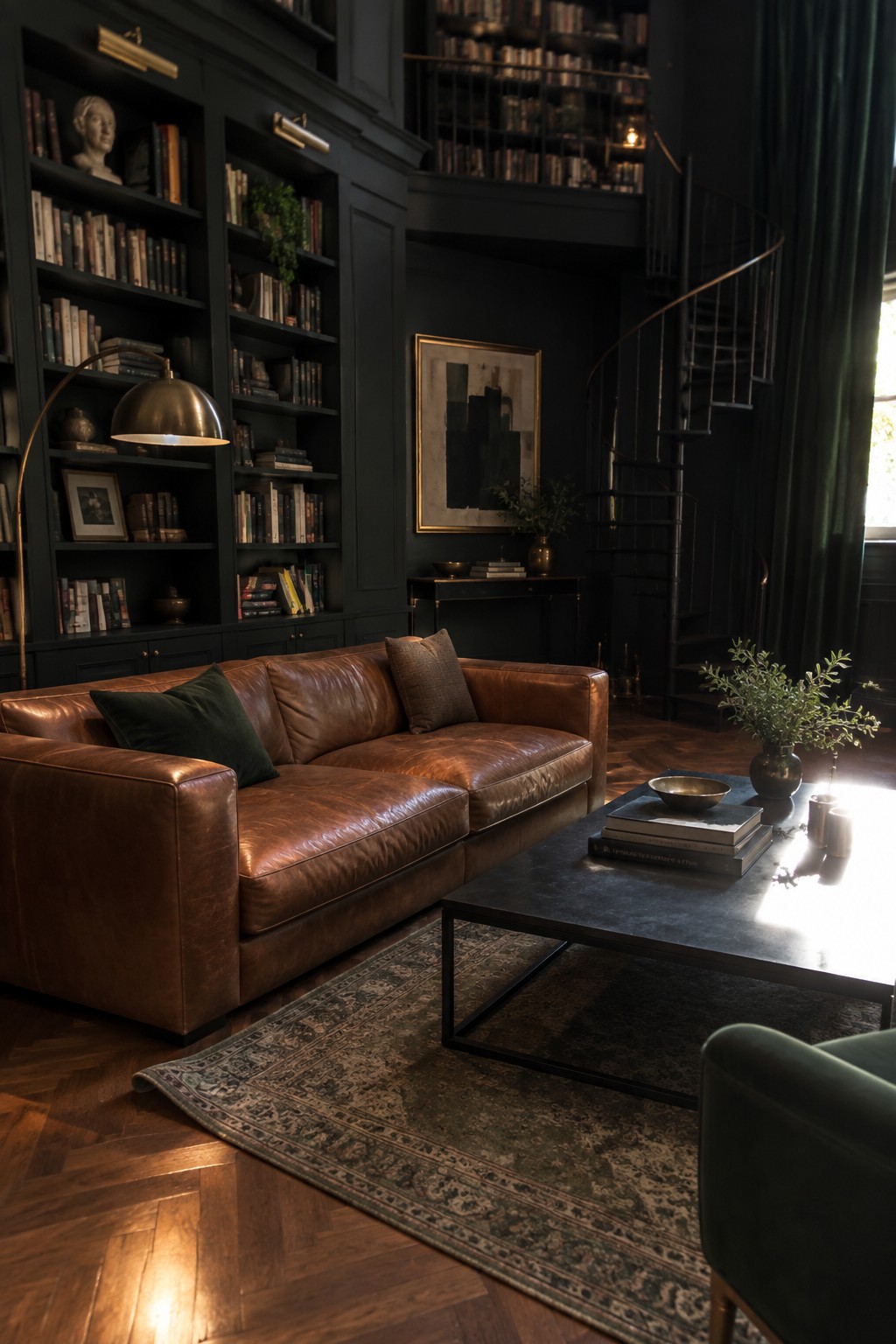 Dark library with brown leather sofa, bookshelves, and spiral staircase