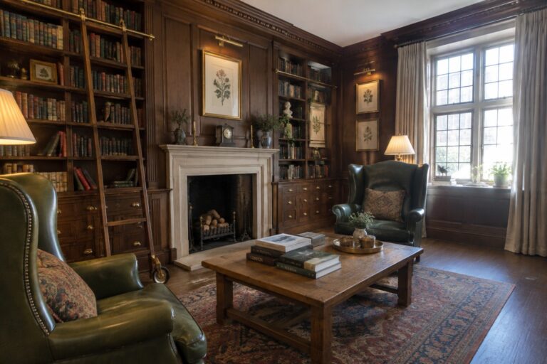 23 Luxurious Home Library Ideas Featuring Floor-to-Ceiling Shelving A traditional library interior with dark wood floor-to-ceiling bookshelves lining the walls, a marble fireplace, green leather armchairs, a wooden coffee table, and a patterned rug.