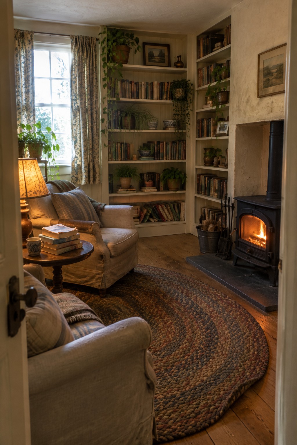 Interior view of a room with floor-to-ceiling white built-in bookshelves filled with books, two upholstered armchairs on a round braided rug, a black wood-burning stove with fire visible, and a window with patterned curtains.