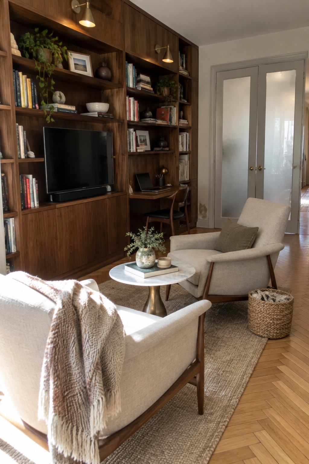 A living room with floor-to-ceiling dark wood built-in bookshelves, an armchair with a throw blanket, a round marble coffee table, and a woven basket on a jute rug.