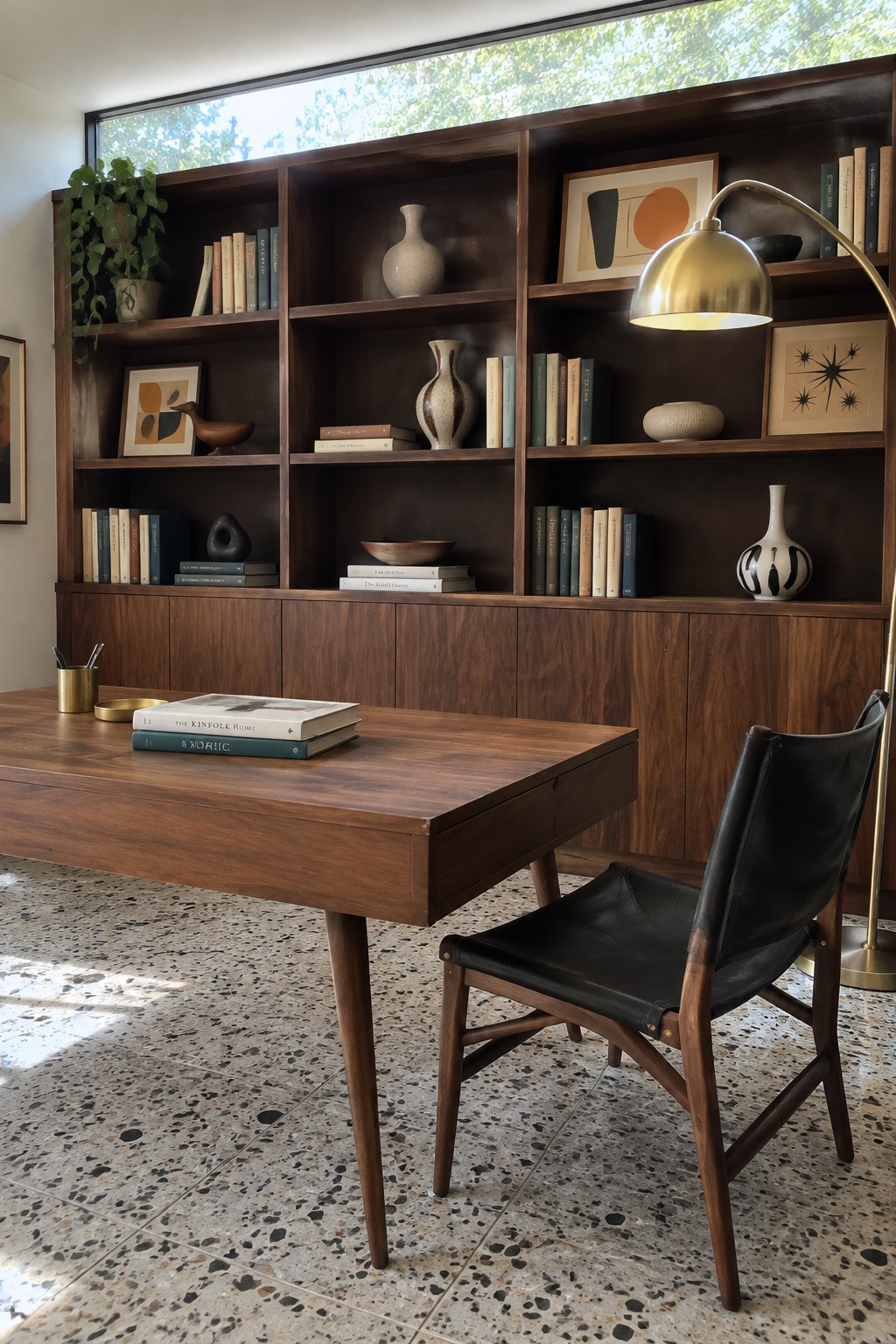 A wooden desk with a black leather chair sits in front of dark wood floor-to-ceiling bookshelves filled with books and decorative vases, beneath a large window.
