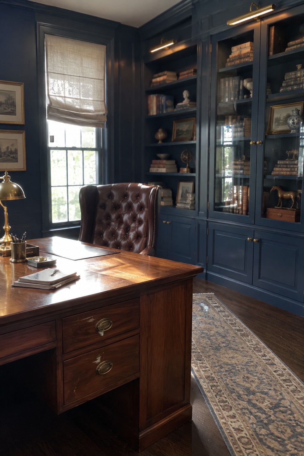 A wooden desk with a brown leather chair sits in front of navy blue floor-to-ceiling built-in bookshelves filled with books and decorative objects beside a window with a beige shade.