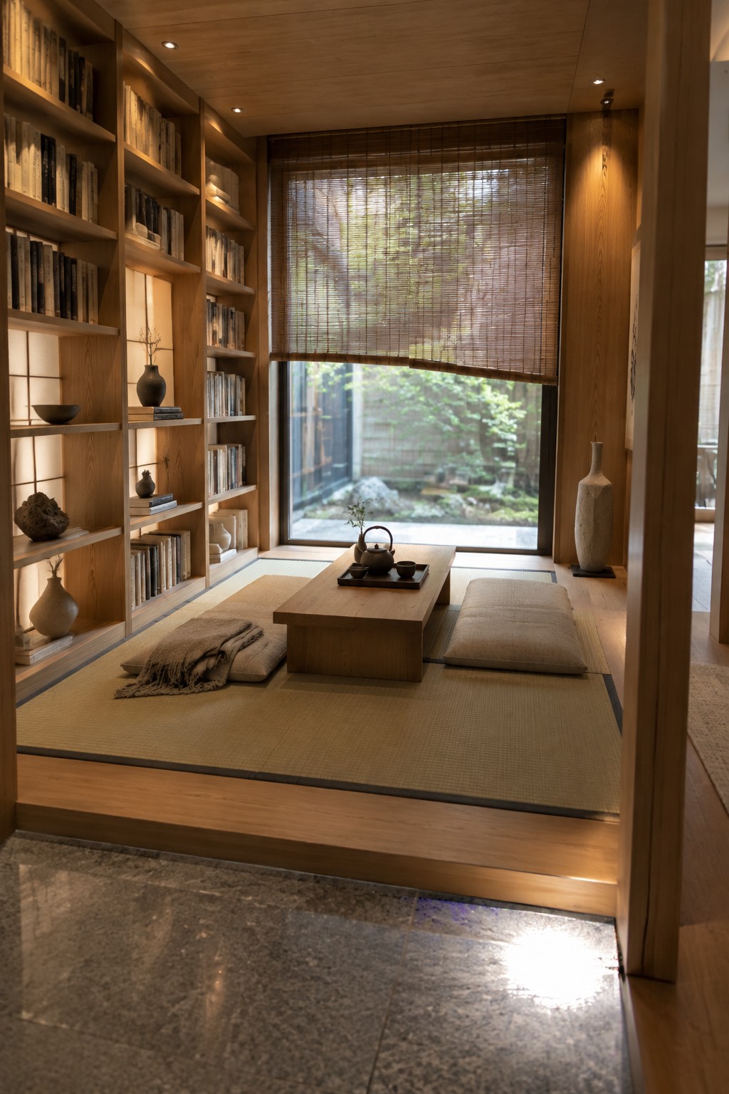 Interior of a library with floor-to-ceiling wooden bookshelves, tatami mats, a low table, and a large window covered by bamboo blinds.