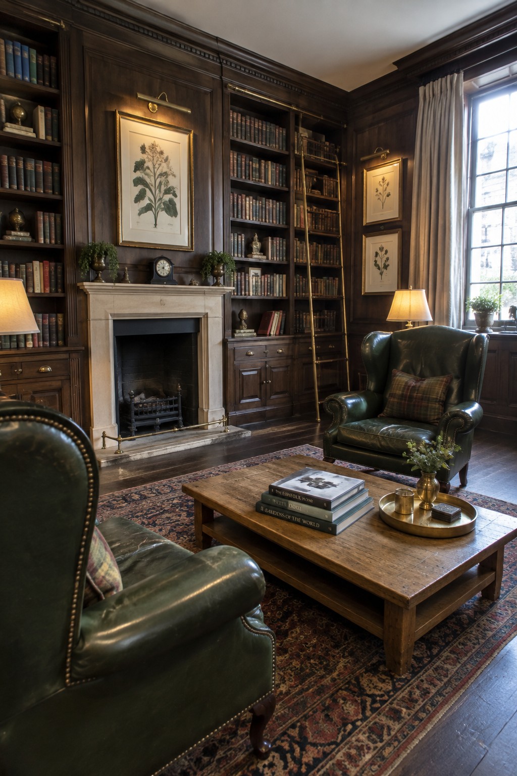 A traditional library interior with dark wood floor-to-ceiling bookshelves lining the walls, a marble fireplace, green leather armchairs, a wooden coffee table, and a patterned rug.