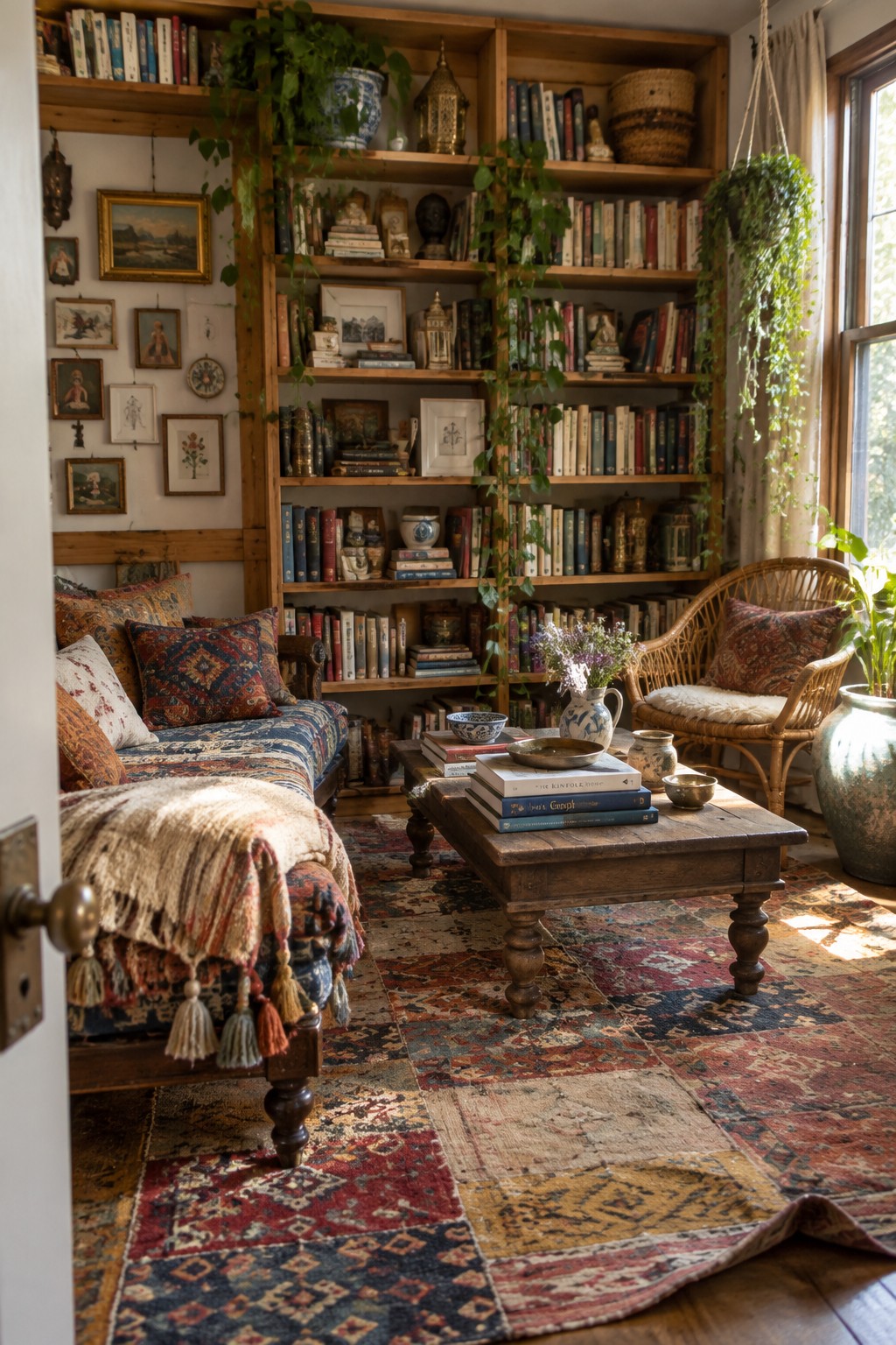A cozy interior library with floor-to-ceiling wooden bookshelves filled with books, a blue patterned sofa with pillows and a throw, a wooden coffee table on a colorful rug, and a wicker chair near a window with hanging plants.