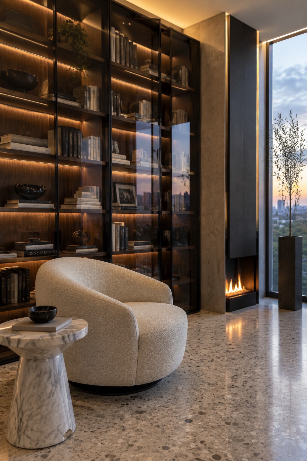 A contemporary home library featuring floor-to-ceiling dark wood and glass bookshelves filled with books, a white boucle armchair, a marble side table, and a linear fireplace beside a large window.