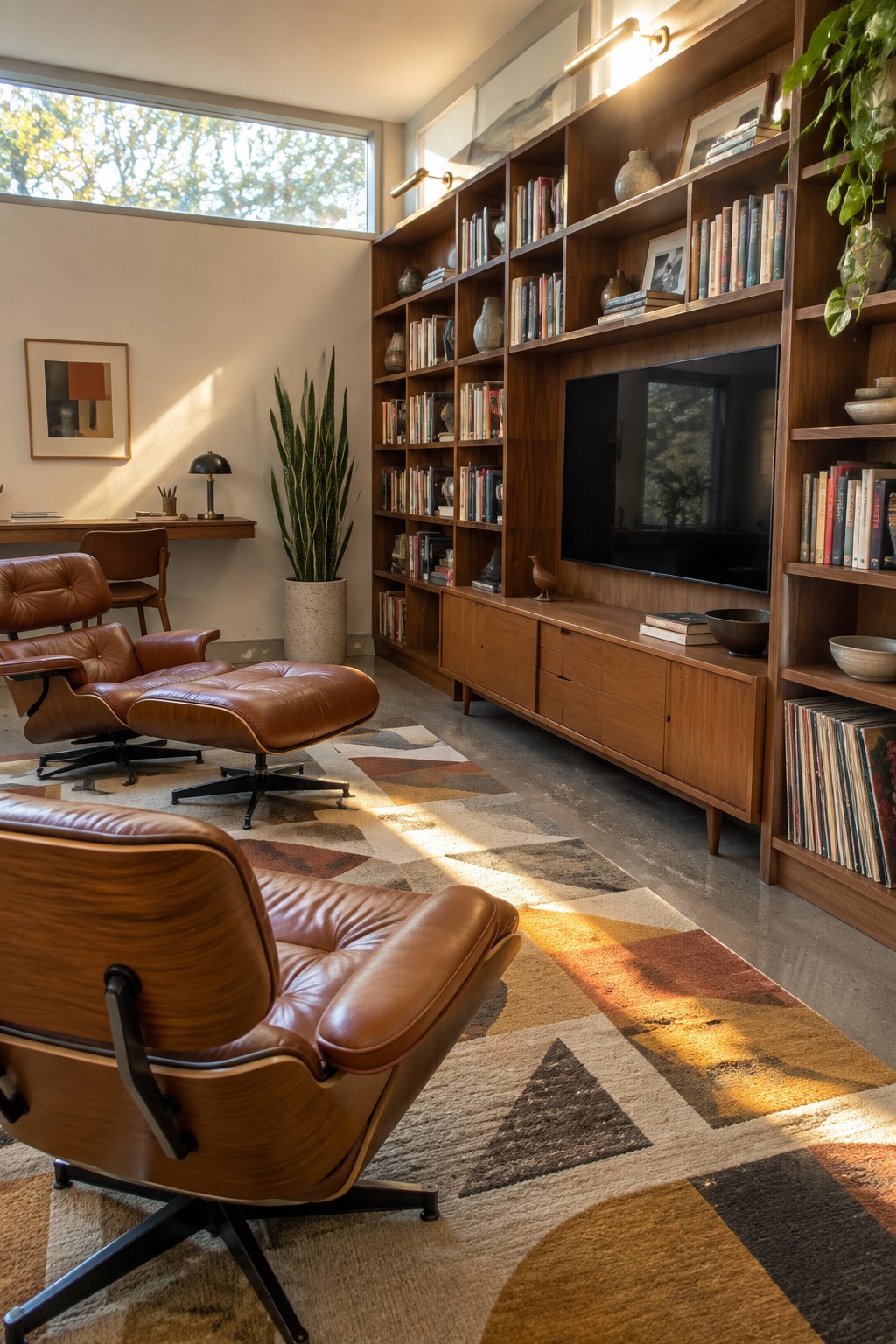Sunlit mid-century living room with leather Eames chairs, wooden bookshelf, and geometric rug