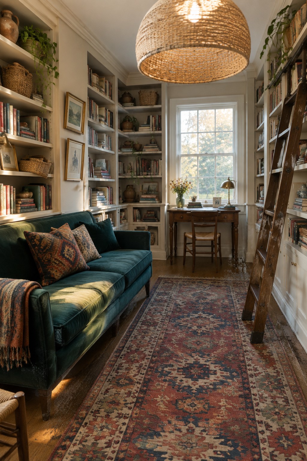 Cozy library with green velvet sofa, colorful rug, bookshelves, wooden ladder, and window desk