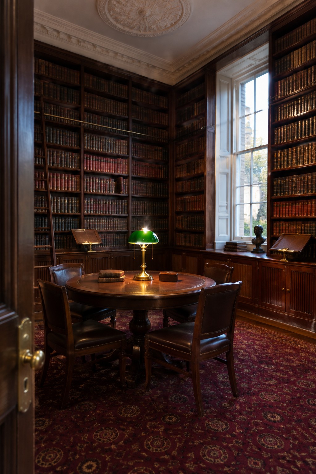 A traditional home library with dark wood floor-to-ceiling bookshelves covering three walls, a round wooden table with four leather chairs in the center, and a green banker's lamp on the table.