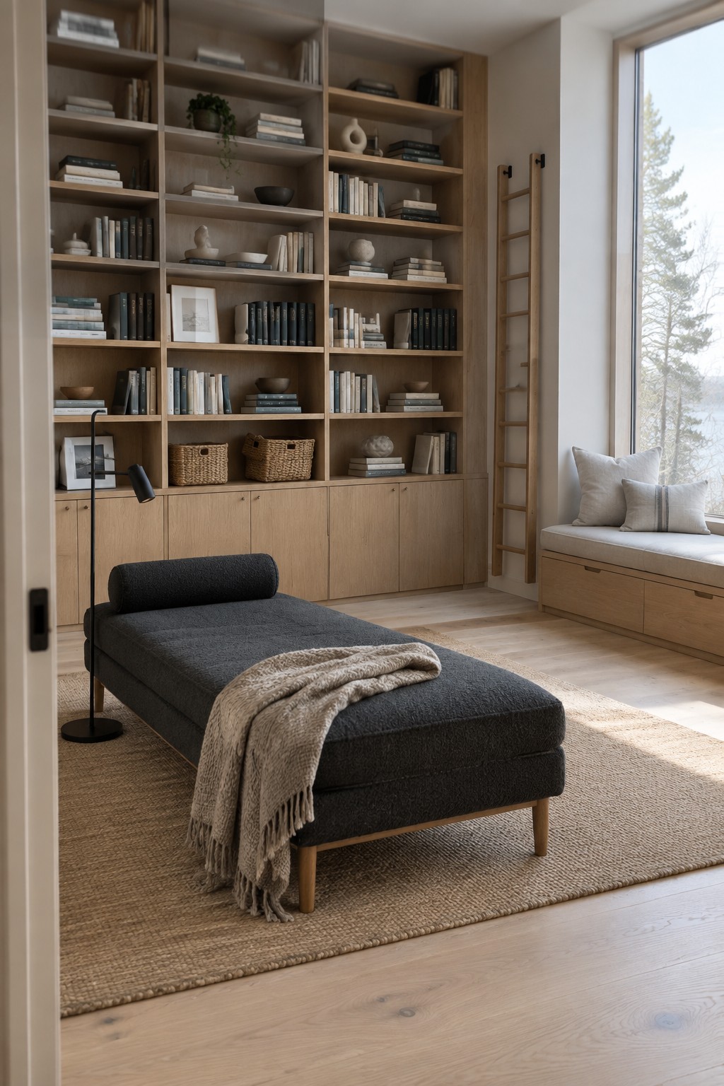 A light wood room with floor-to-ceiling built-in bookshelves filled with books, a dark upholstered daybed on a woven rug, a rolling wooden ladder, and a window seat with pillows.