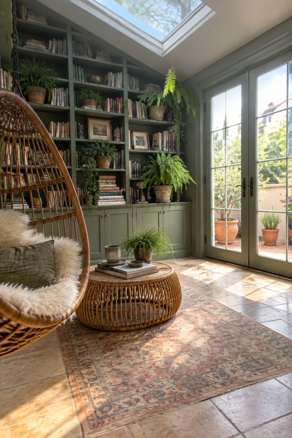 A home library with floor-to-ceiling green built-in shelves filled with books and plants, a wicker hanging chair on the left, and glass doors opening to an outdoor patio.