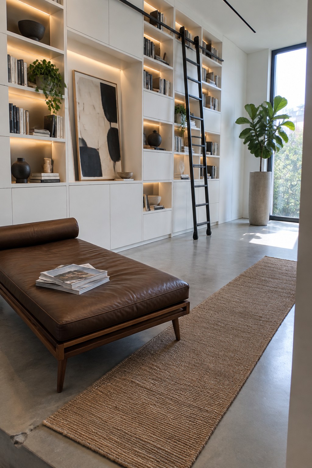 Modern minimalist room with brown leather chaise, white bookshelves, black ladder, and jute rug.
