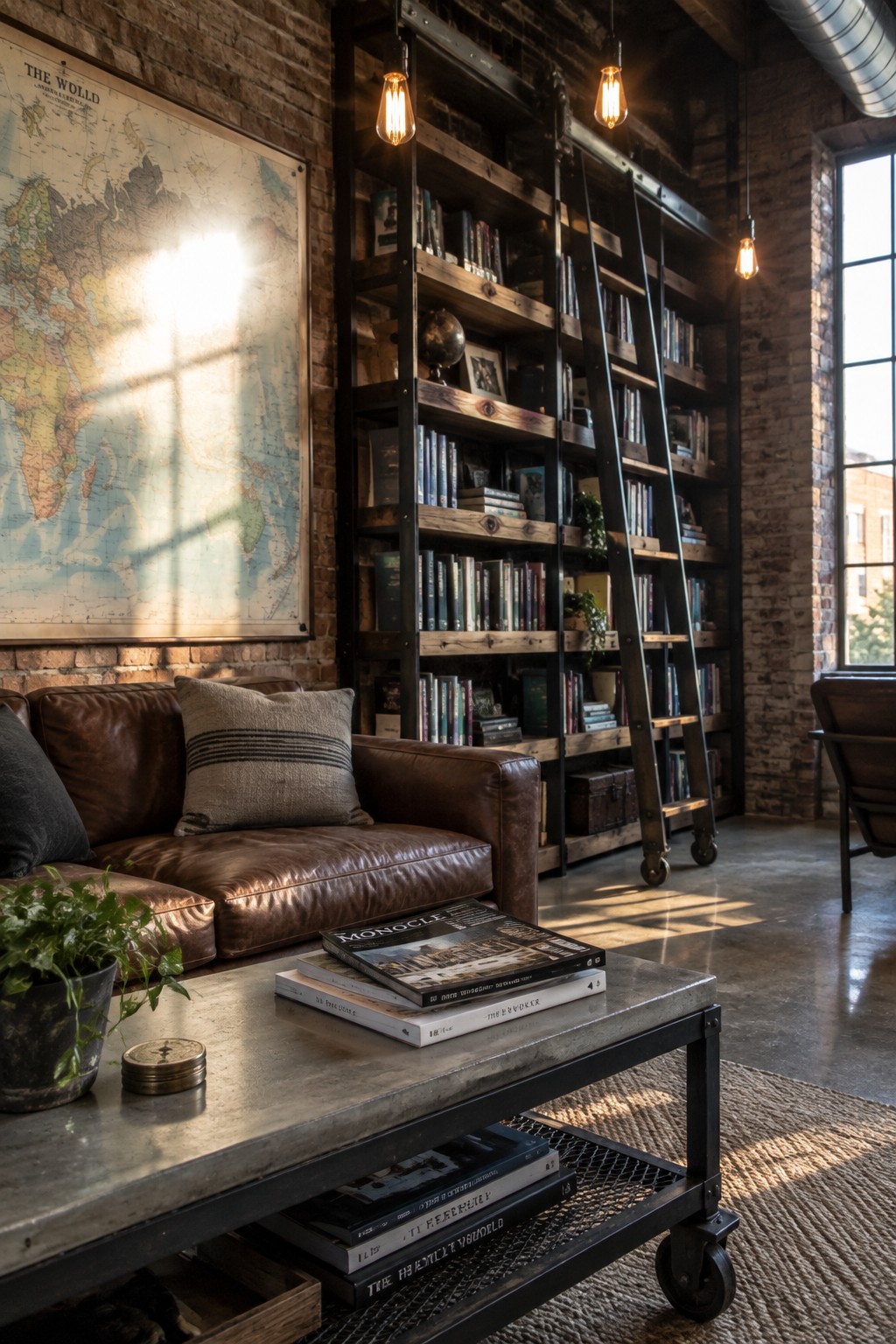 A living room corner with a brown leather sofa, potted plant on a concrete coffee table, and tall wooden bookshelves filled with books along a brick wall, featuring a rolling ladder and three hanging light bulbs.