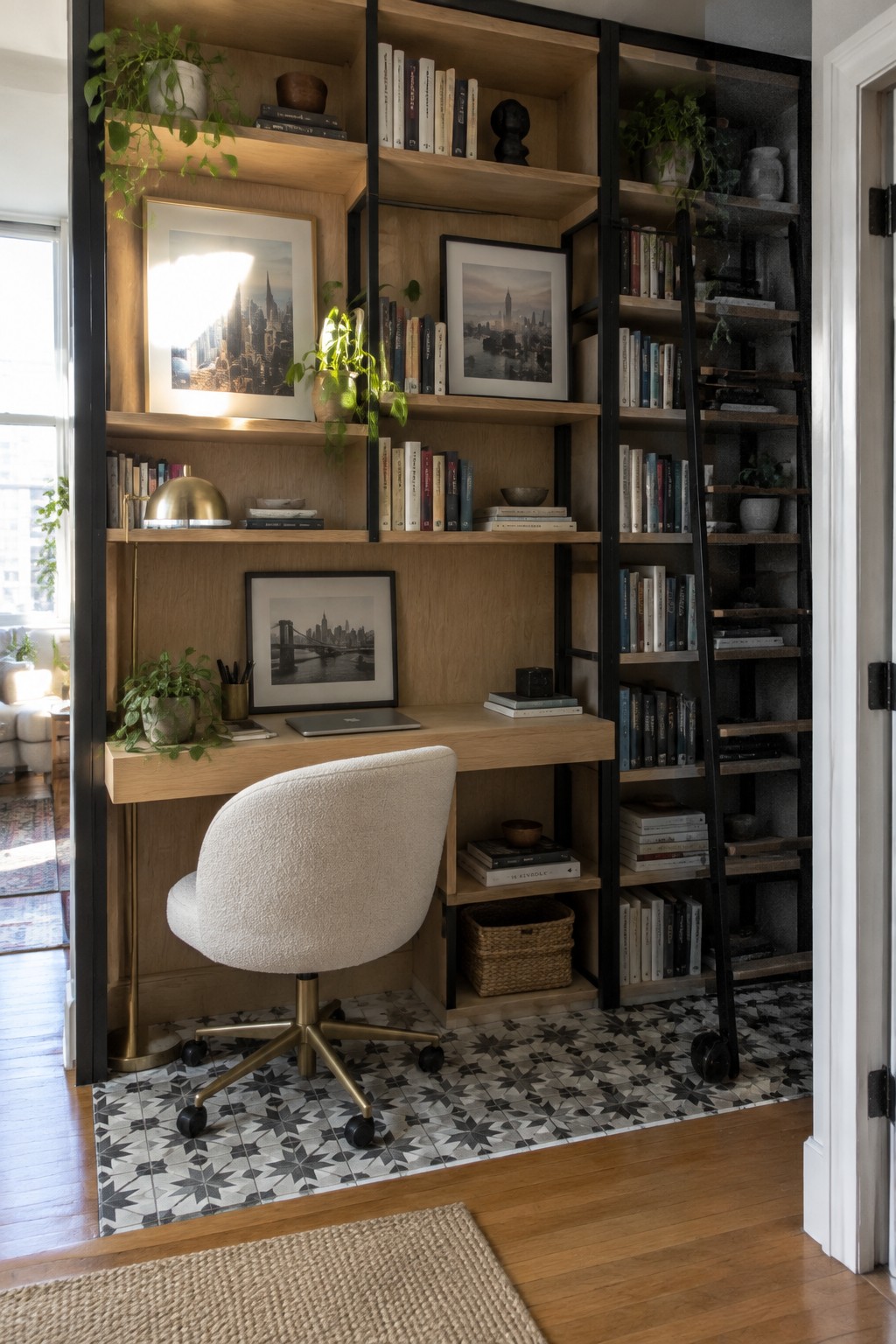 Interior view of a home library with floor-to-ceiling wooden bookshelves, a built-in desk area, a white office chair, and a black rolling ladder on patterned tile flooring.