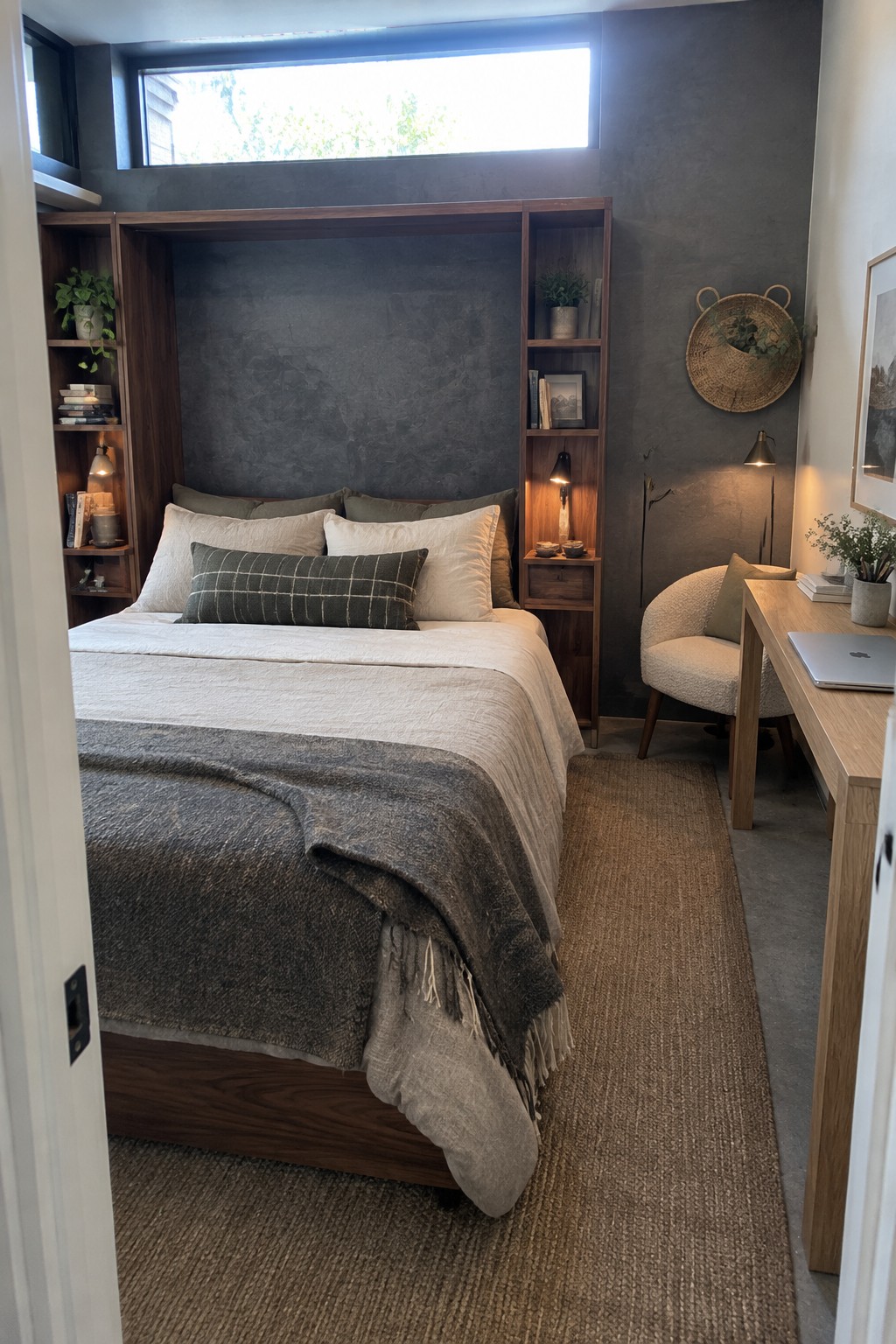 A bedroom with a bed recessed into a dark wood built-in alcove with shelves on both sides, a textured rug on the floor, and a wooden desk to the right.