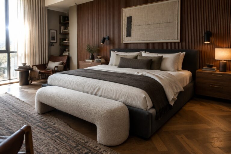 23 Luxurious Modern Bedroom Ideas Featuring Rich Wood and Textured Fabrics Modern bedroom with dark bed, abstract art on wood wall, and boucle bench.