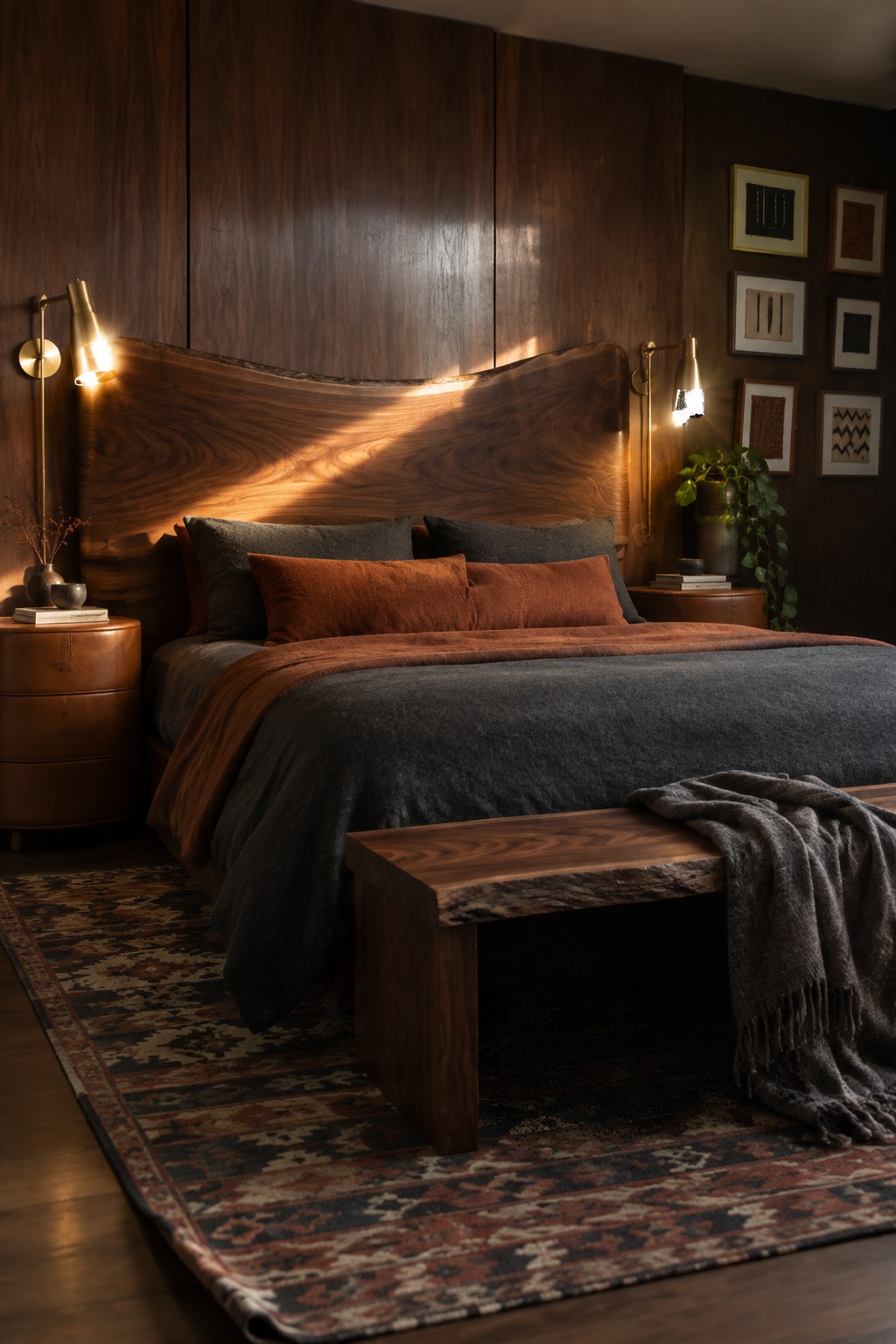 A bedroom with dark wood walls, a large live-edge wooden headboard, rust and charcoal pillows, a dark gray blanket, two brass wall scones, and a wooden bench at the foot of the bed.