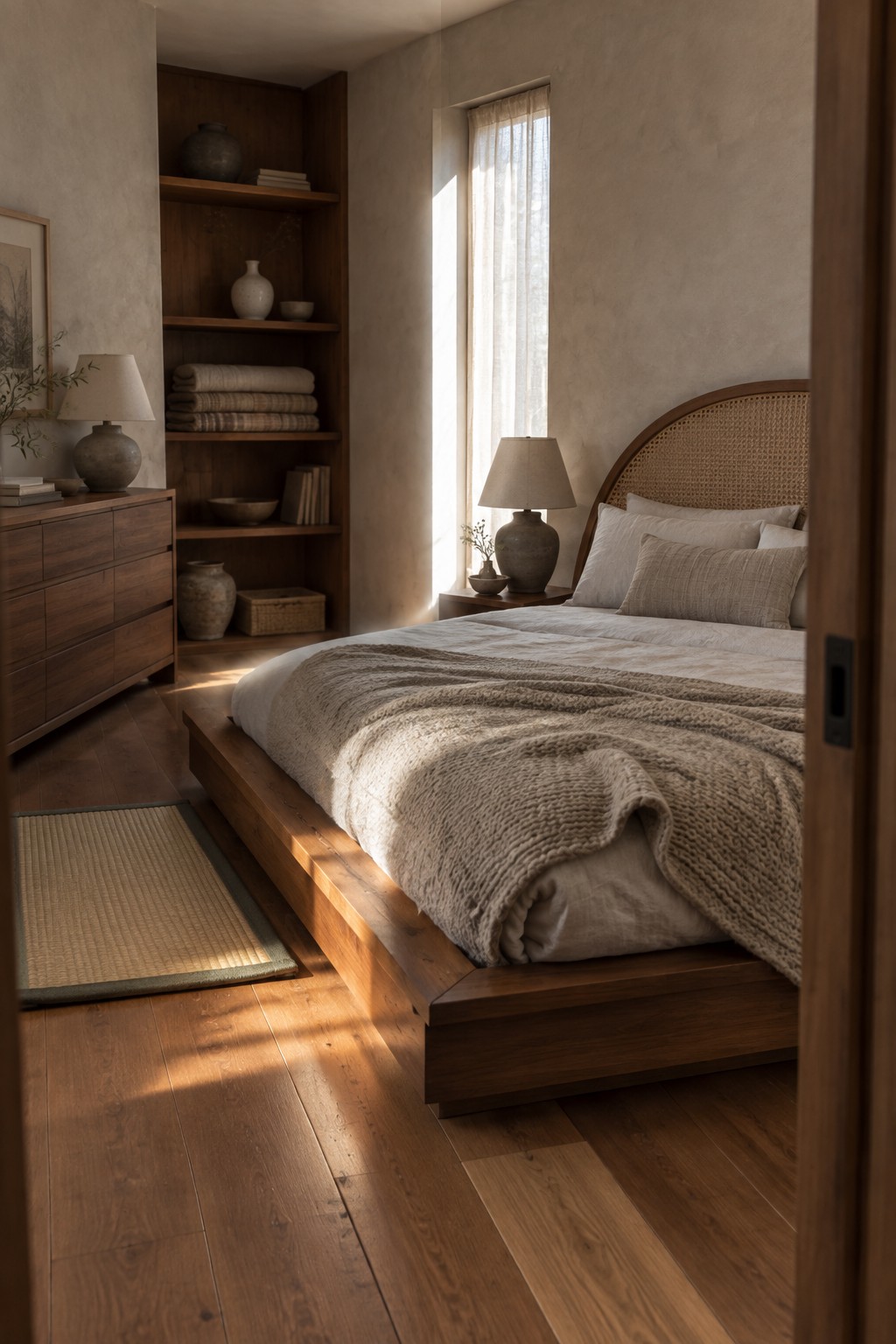 A modern bedroom featuring a low dark wood platform bed with a cane headboard, layered neutral linens and a chunky knit throw, built-in wooden shelving on the left, and a tall window with sheer curtains allowing sunlight in.