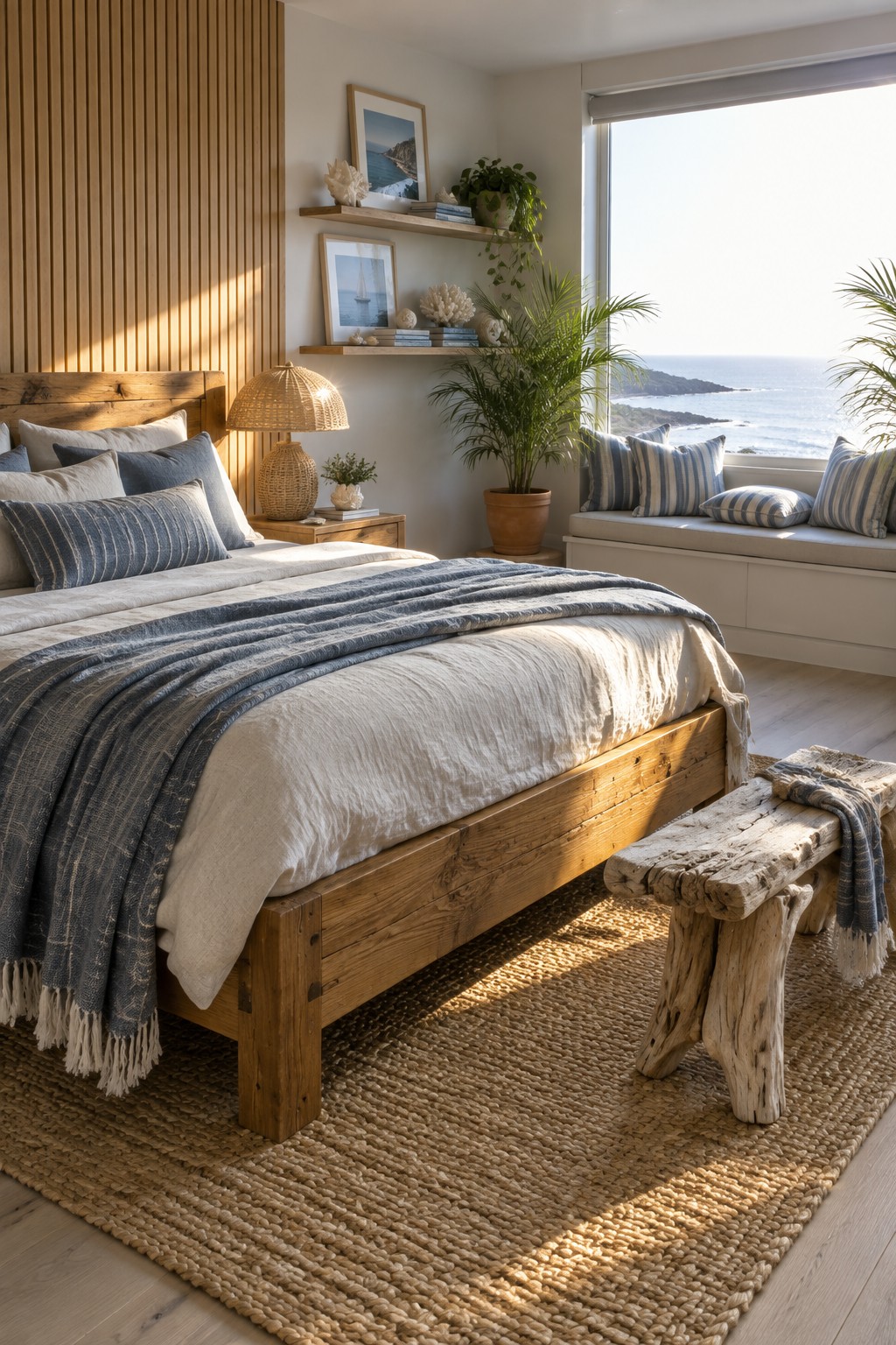Coastal bedroom with rustic wood bed, blue linens, jute rug, and ocean view