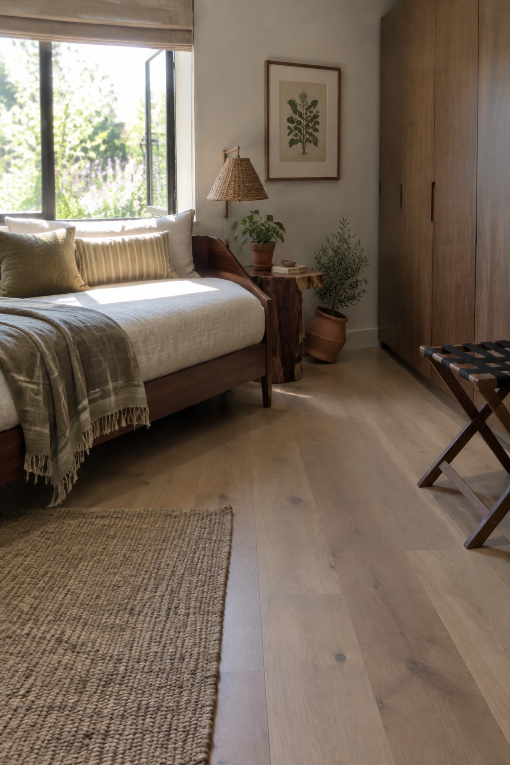 Sunlit bedroom with wooden bed, jute rug, live-edge nightstand, and woven lamp