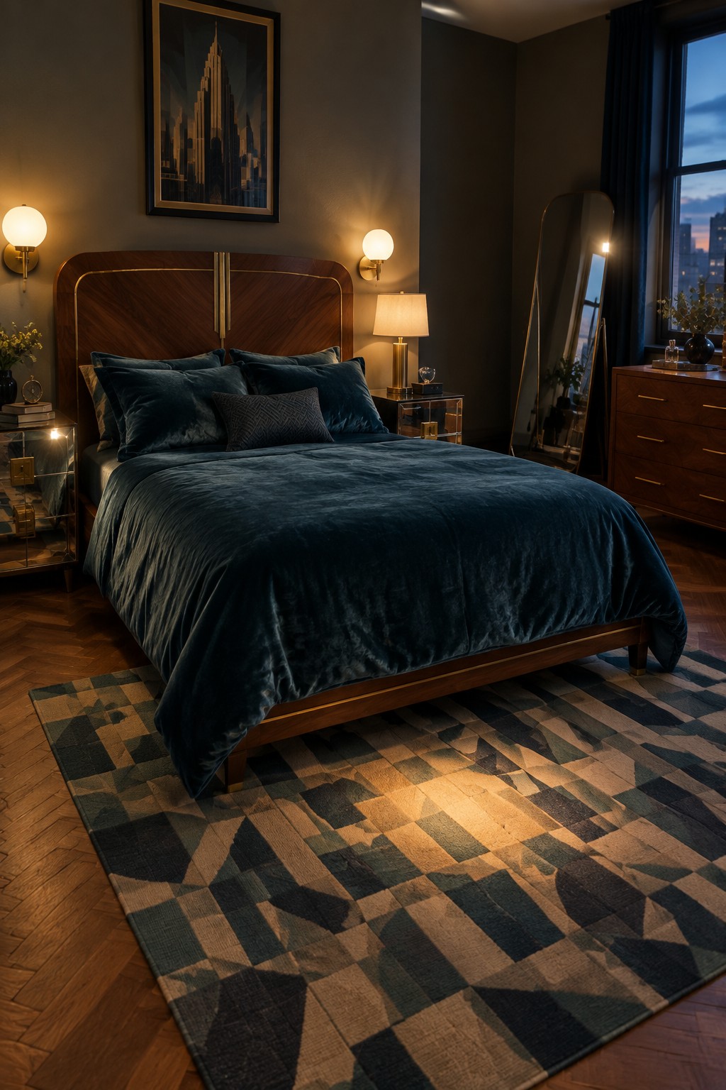 A bedroom centered on a large bed with a dark wood headboard and frame, dressed in deep teal velvet bedding and pillows, set on a geometric area rug with warm wall sconce lighting.