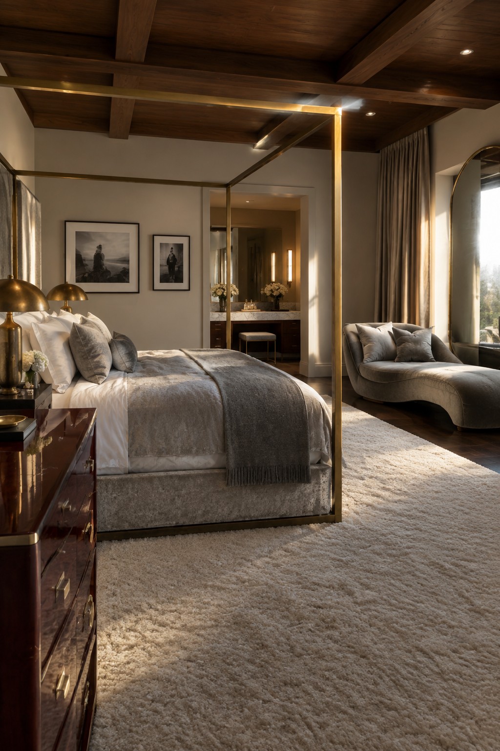 A modern bedroom with a brass four-poster bed, gray textured bedding, dark wood furniture, and a curved velvet chaise under wooden ceiling beams.