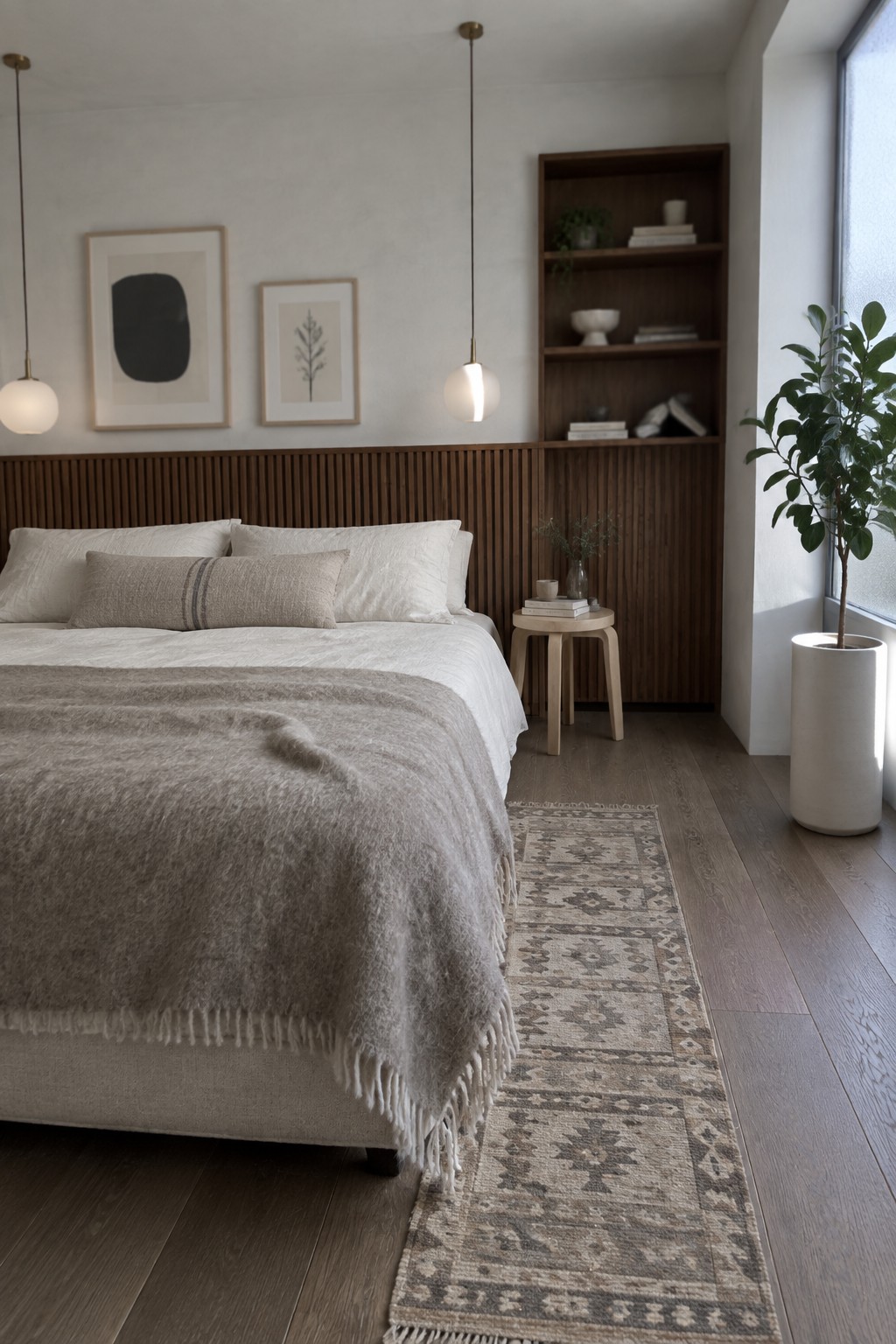 A modern bedroom with a bed in white linens and a gray textured throw blanket, positioned against a vertical wood slat wall with two framed artworks above, pendant lights, built-in wooden shelves, and a patterned rug on dark wood flooring.