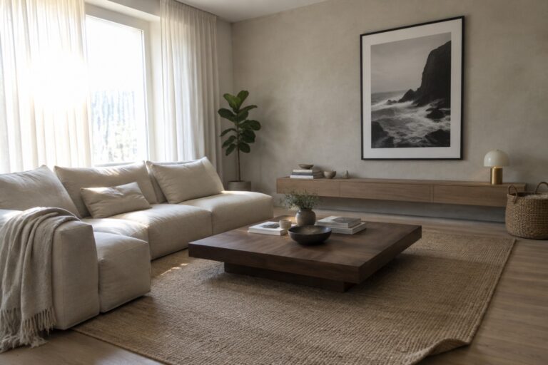 A minimalist living room with a low-profile beige sectional sofa, a low dark wood coffee table on a large jute rug, and a framed black and white landscape photo above a floating wood console.