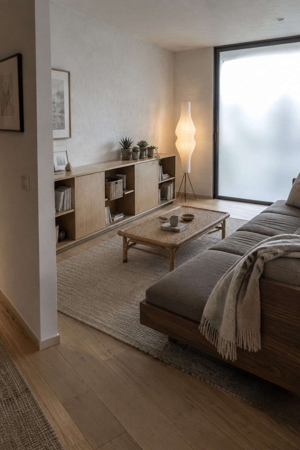 A minimalist living room with a low-profile gray sectional sofa, low wooden coffee table on a woven rug, and a long low wooden storage cabinet against a plain wall.