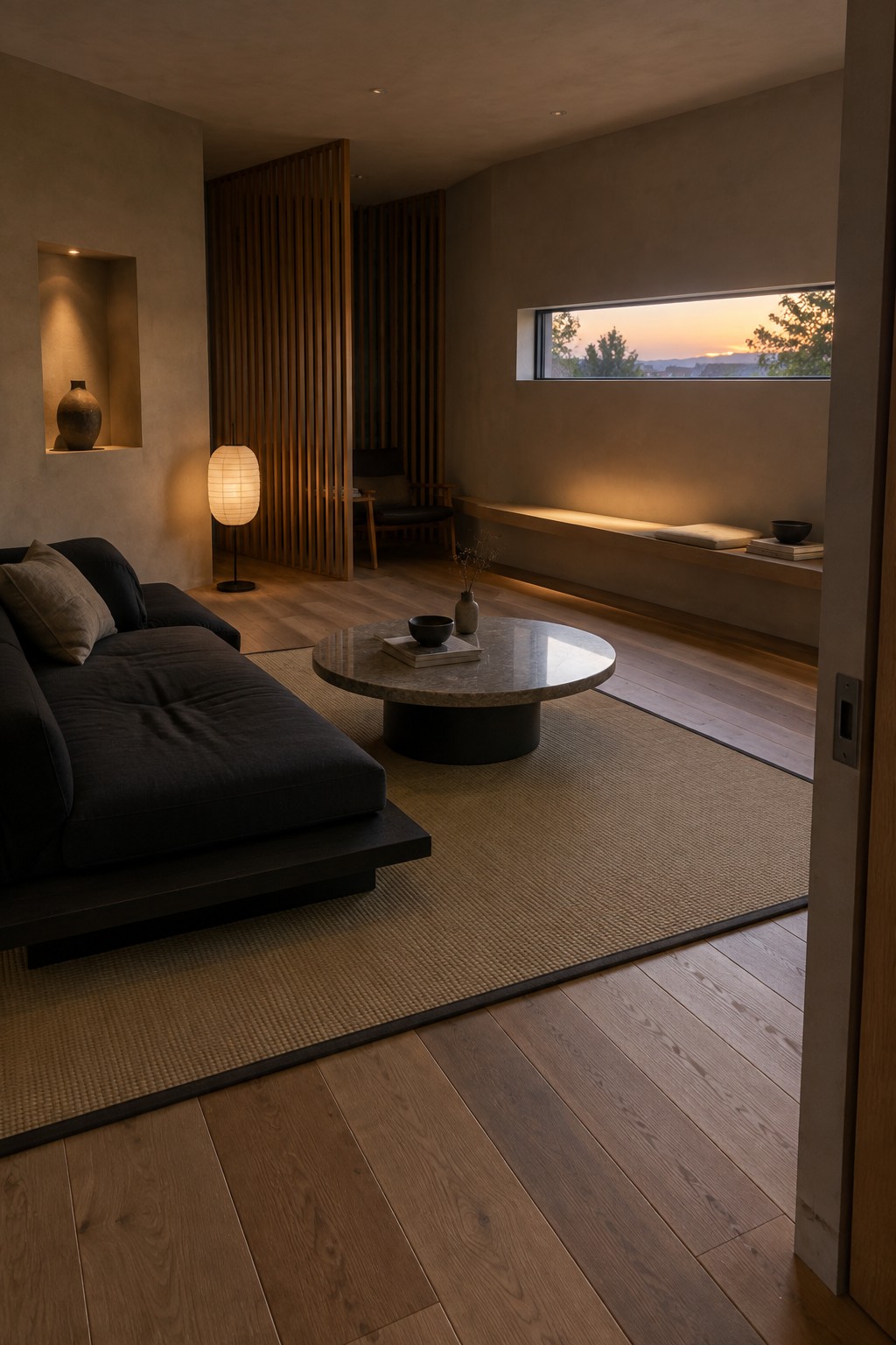 A minimalist living room with a low dark sofa, round stone coffee table on a woven rug, wooden floor, and a long window bench at dusk.