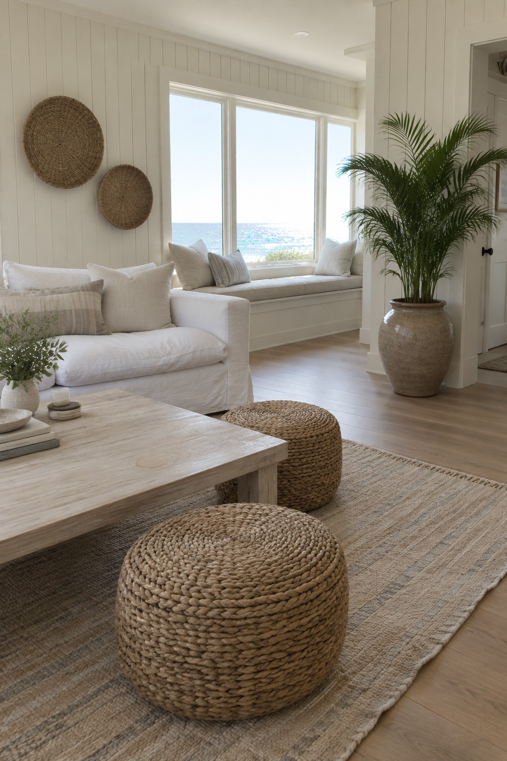 A bright living room with a white sofa, light wood coffee table, round woven ottomans on a striped rug, and large windows showing an ocean view.