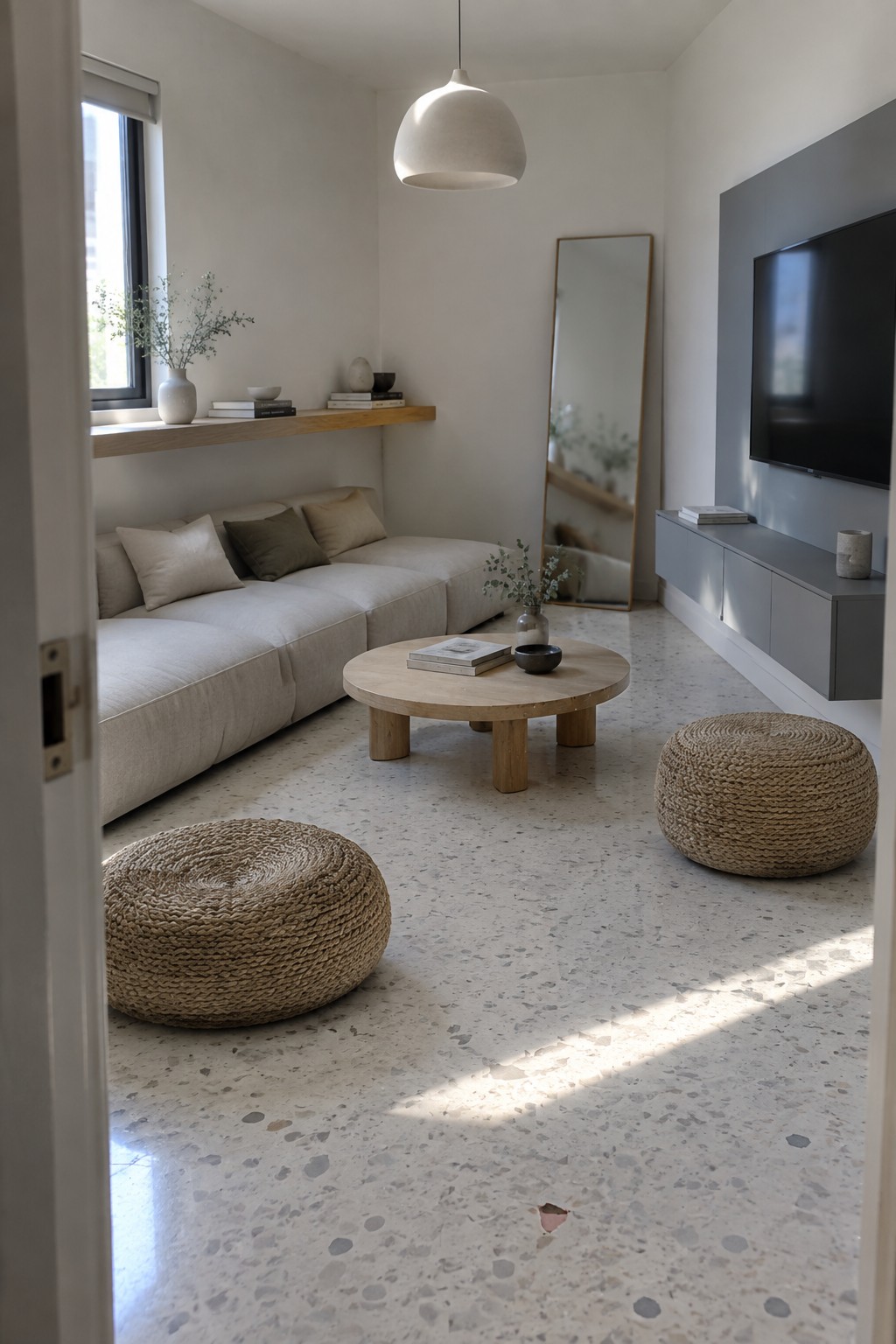 A minimalist living room featuring a low-profile beige sectional sofa, round wooden coffee table, woven floor poufs, floating wooden shelf, and wall-mounted television on a terrazzo floor.