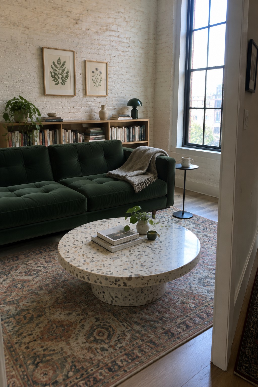 A living room with a low dark green tufted sofa, round terrazzo coffee table on a large patterned rug, white brick wall with framed botanical prints, and a tall window on the right.