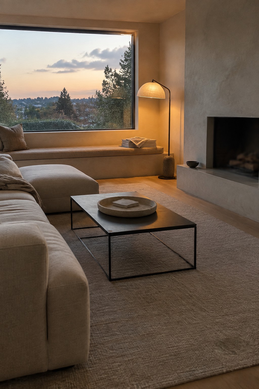 Minimalist living room with beige sofa, coffee table, floor lamp, and sunset window view.