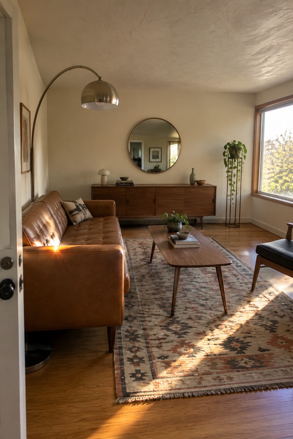 A minimalist living room featuring a low brown leather sofa, a wooden coffee table on a patterned rug, a round mirror above a mid-century sideboard, and an arched floor lamp.