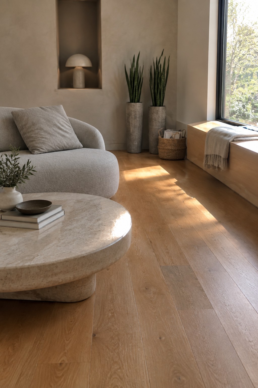 A minimalist living room with a low gray curved sofa, round stone coffee table holding books and a bowl, two tall potted plants in concrete pots, and sunlight across light wood flooring.