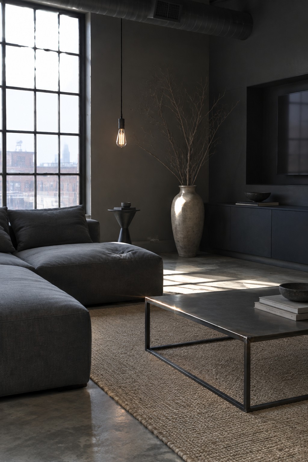 Dark modern living room with gray sectional sofa, metal table, woven rug, and branches.