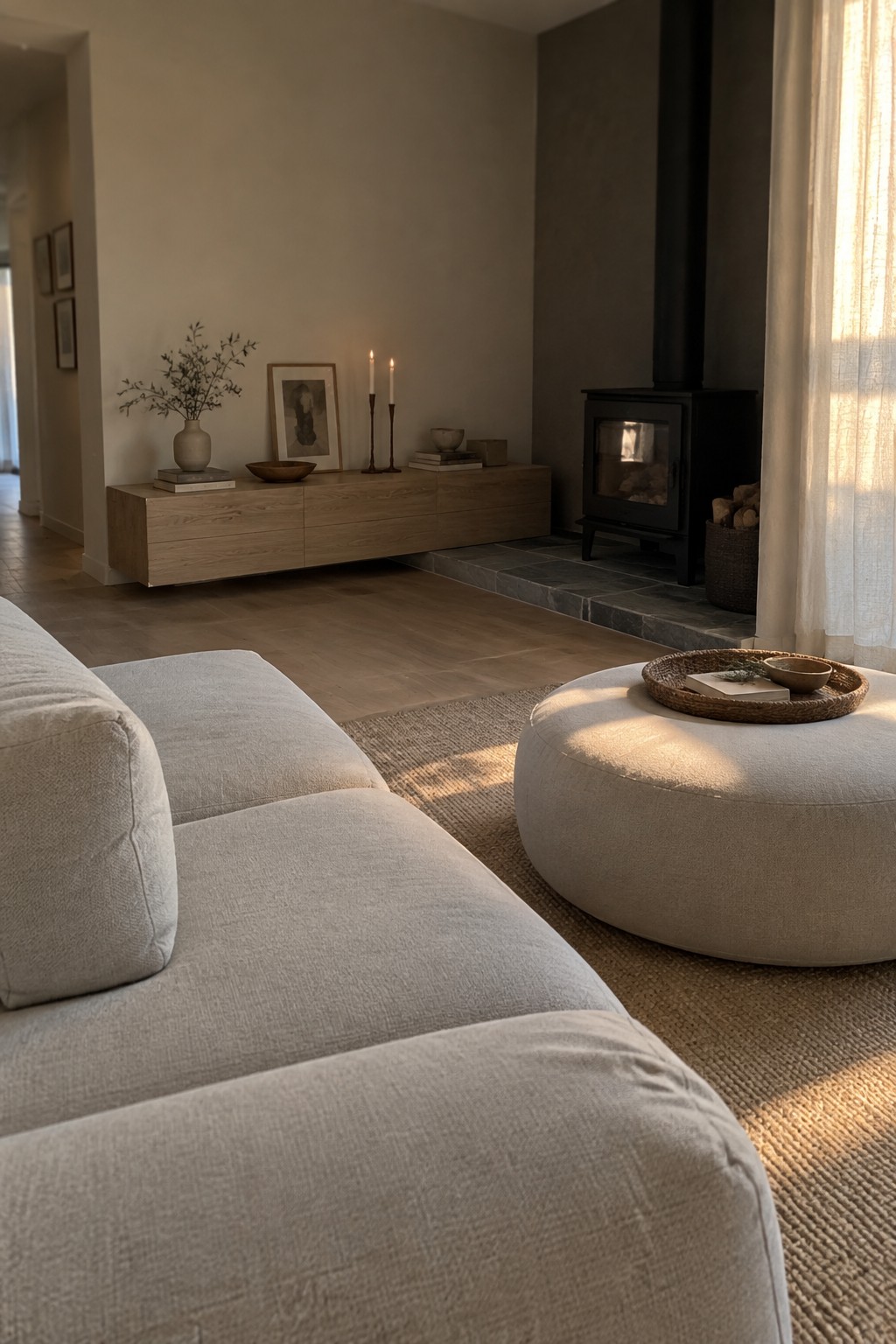 A minimalist living room featuring a low-profile light gray sectional sofa in the foreground, a round upholstered ottoman with a woven tray, a light wood floating console, and a black wood-burning stove on a stone platform.