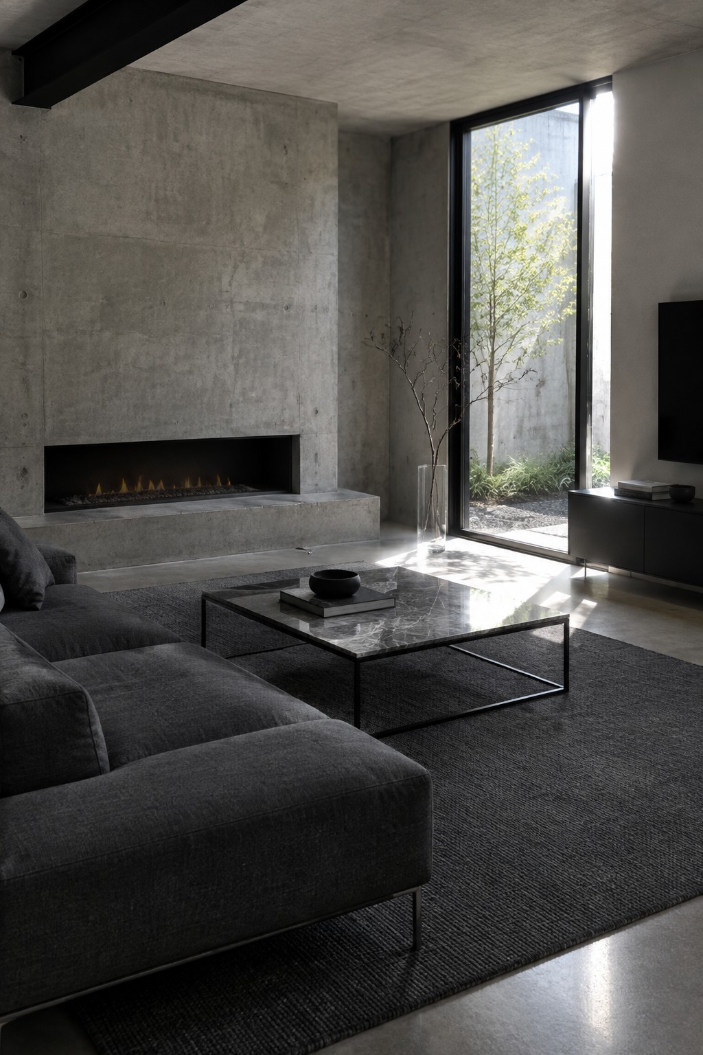 A minimalist living room featuring a low dark gray sectional sofa, dark marble coffee table on a large rug, and a linear fireplace set into a concrete wall beside tall glass doors.