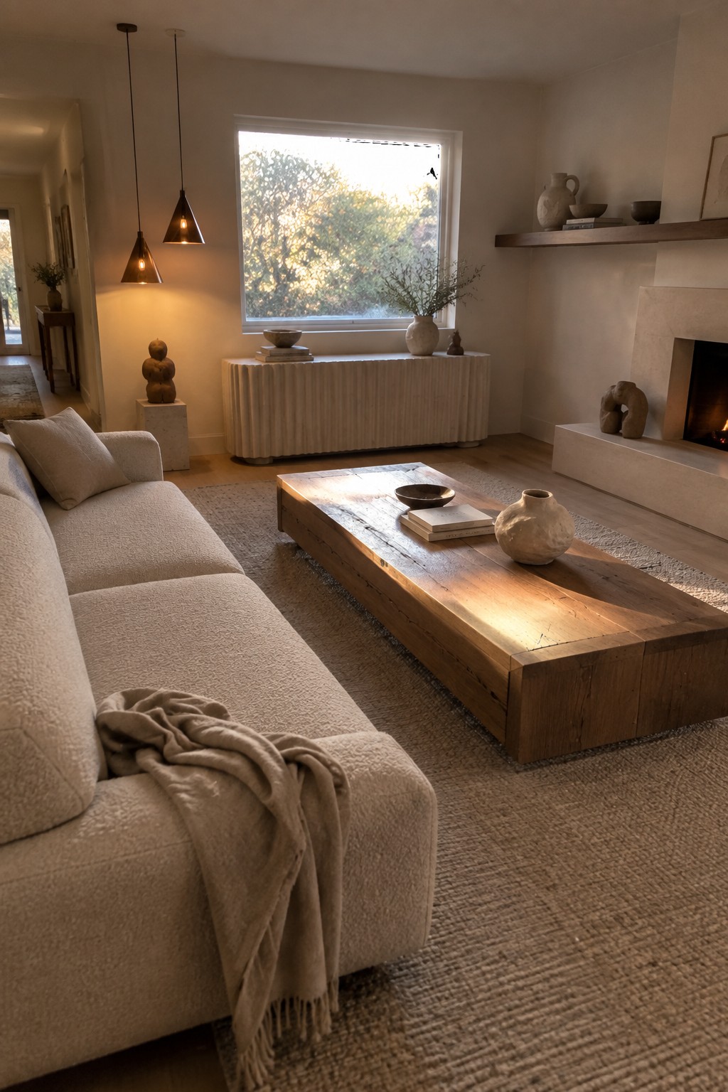 Cozy living room with beige sofa, rustic wooden coffee table, and sunlit window.