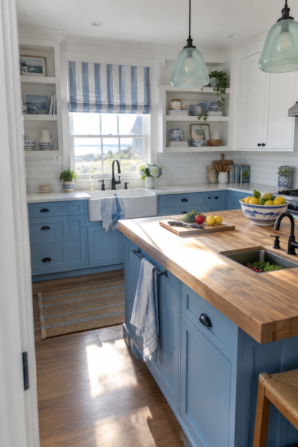 A bright kitchen featuring blue lower cabinets and island, white upper cabinets, a wooden countertop, open shelving, and a large window with striped roman shades.