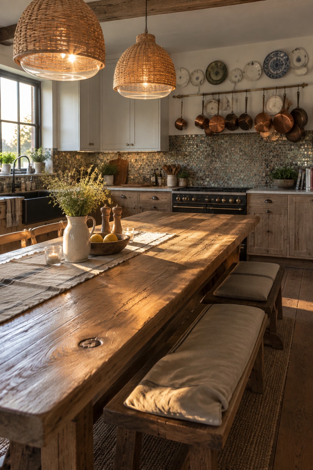 A rustic kitchen with white upper cabinets, natural wood lower cabinets, a black range, mosaic tile backsplash, and a large wooden dining table with benches in the foreground.