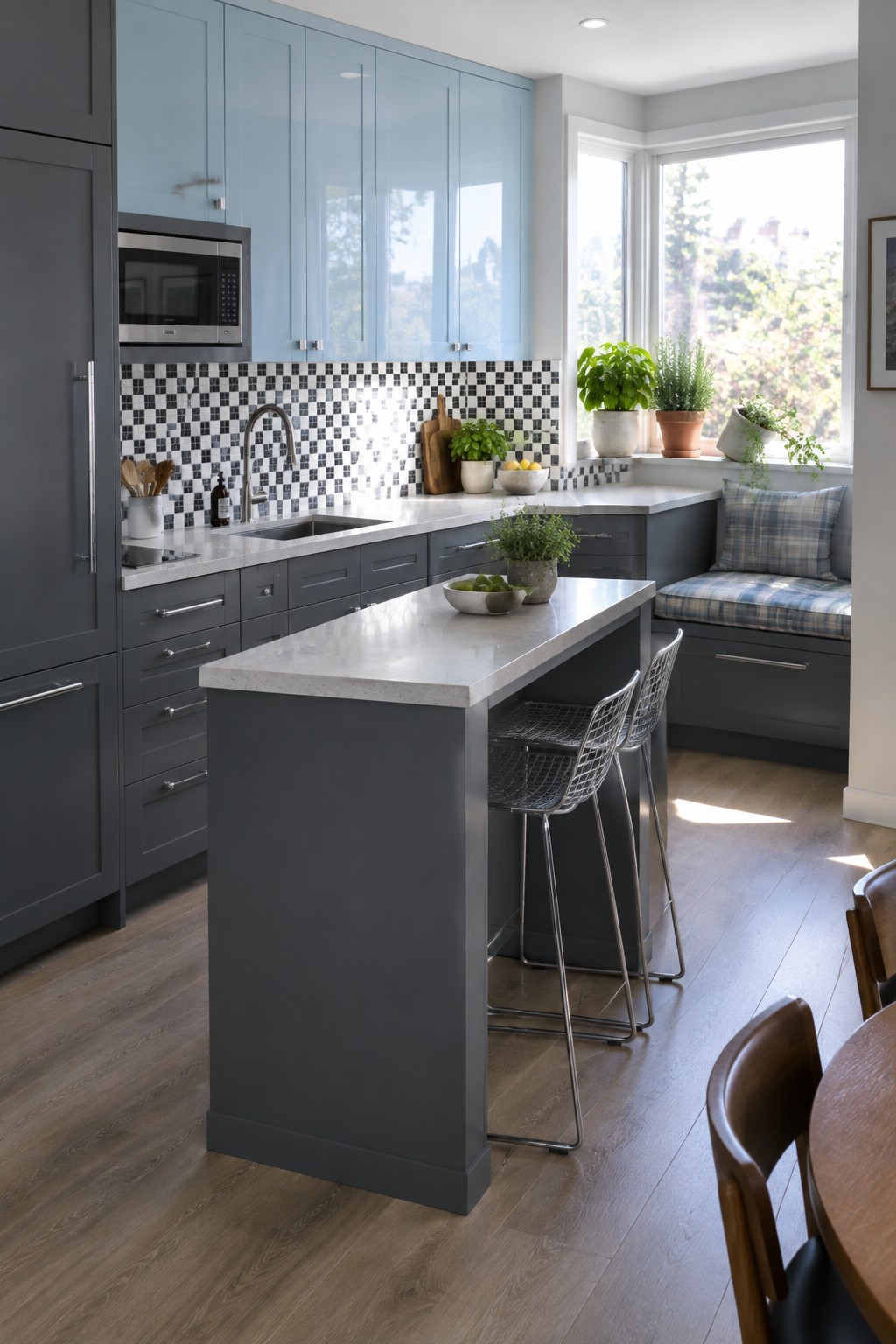A modern kitchen featuring dark gray lower cabinets and island paired with light blue upper cabinets, white countertops, and two wireframe bar stools at the island.