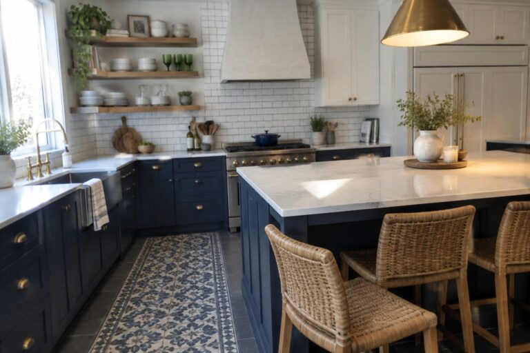 23 Modern Kitchen Ideas Featuring Two-Tone Cabinetry A kitchen interior showing white upper cabinets paired with navy blue lower cabinets and a matching island, white marble countertops, and woven bar stools along the island.