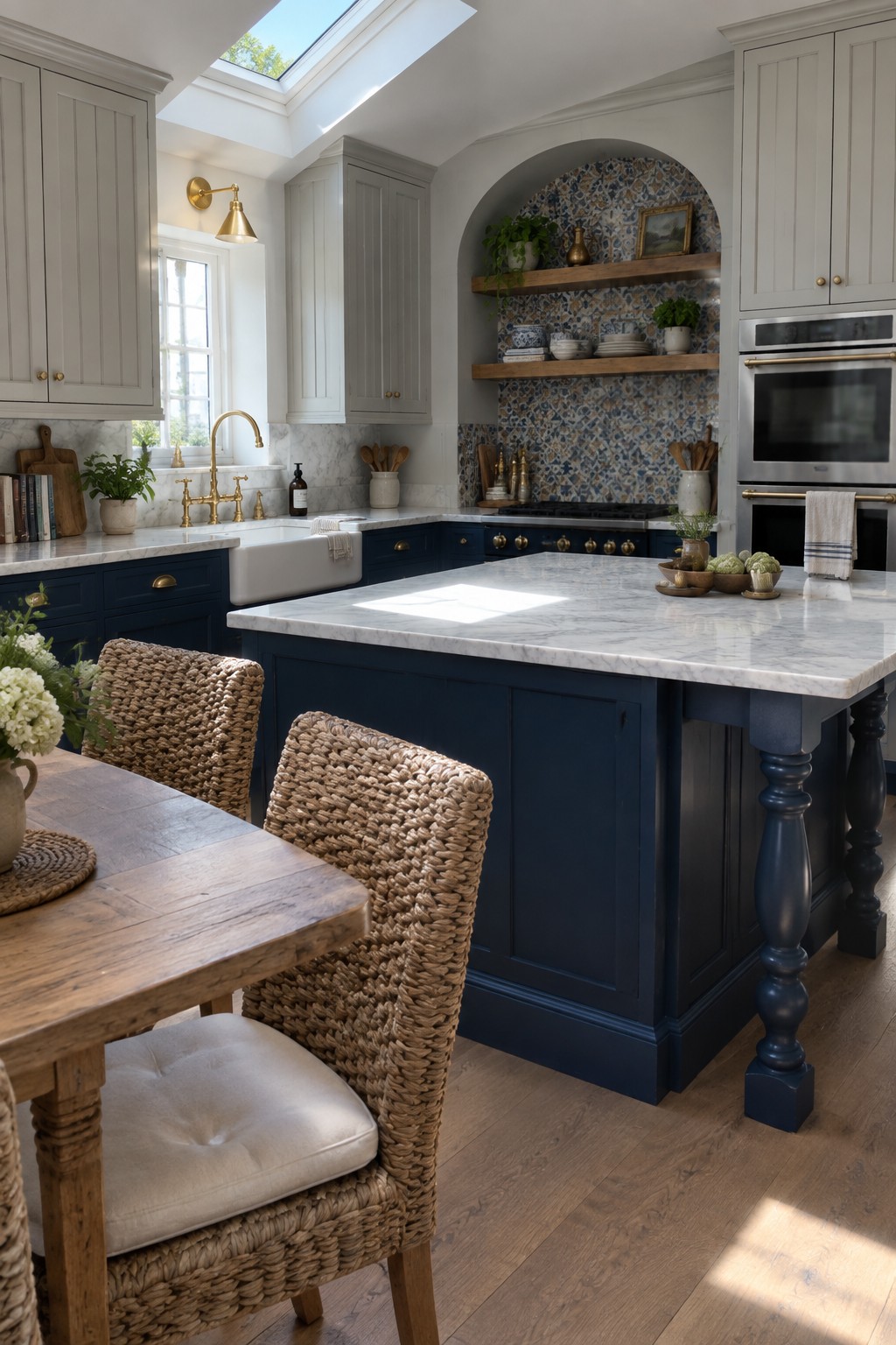Kitchen interior showing light gray upper cabinets, dark blue lower cabinets and island with white marble countertop, woven chairs at a wooden table in foreground, and patterned tile backsplash under arched shelving.