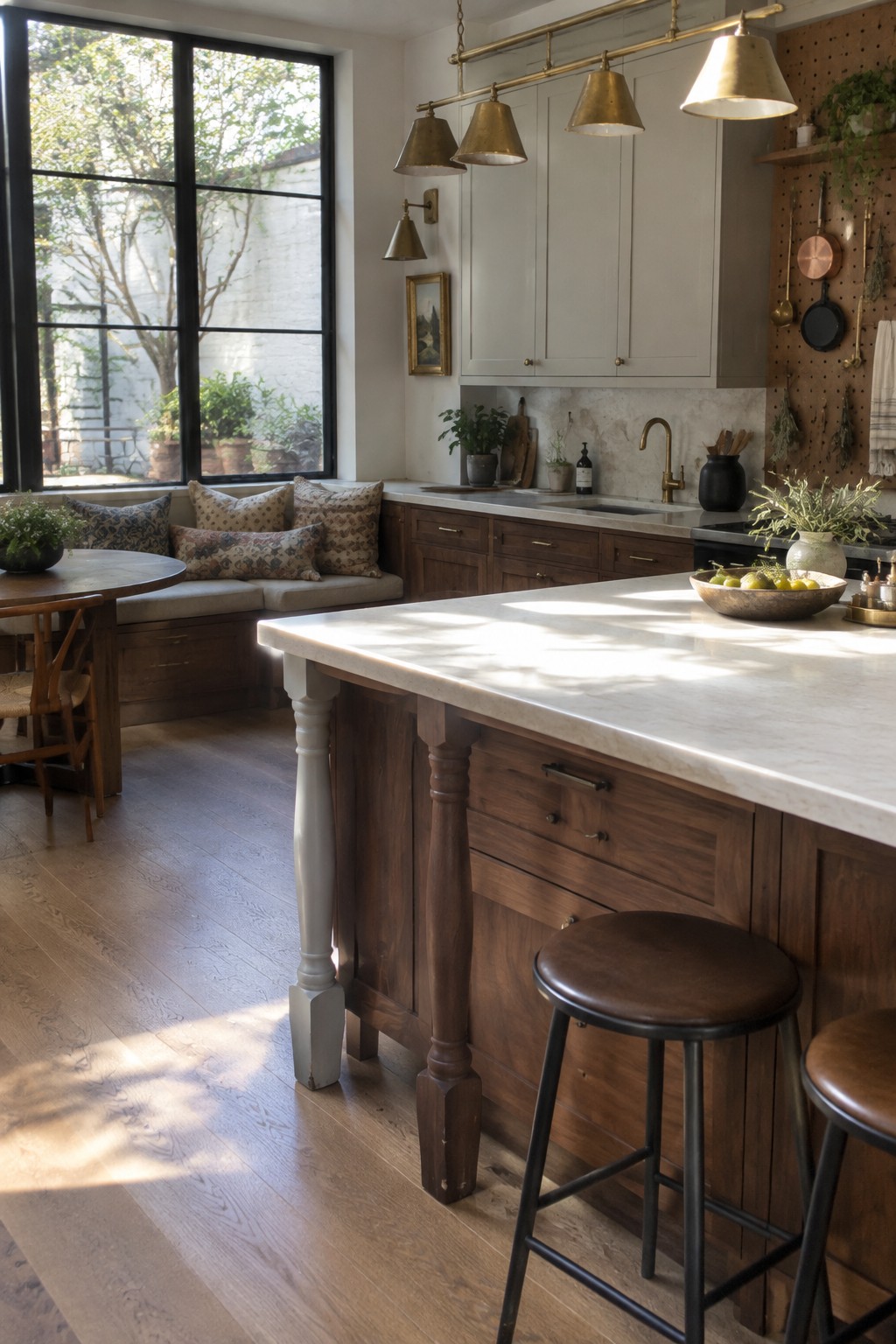 A modern kitchen interior showing light upper cabinets, dark wood lower cabinets and island, a marble countertop, brass pendant lights, and a large window with a built-in bench seat.