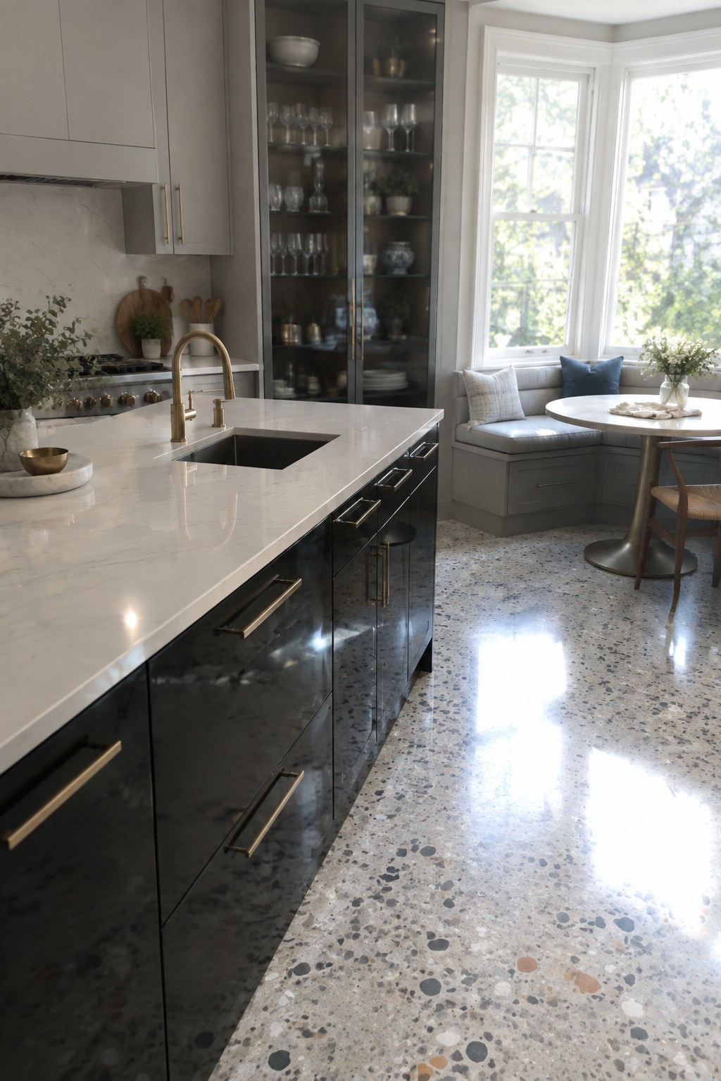 A modern kitchen interior showing light gray upper cabinets and glossy dark lower cabinets with gold handles, a white marble countertop and sink, and a terrazzo floor.