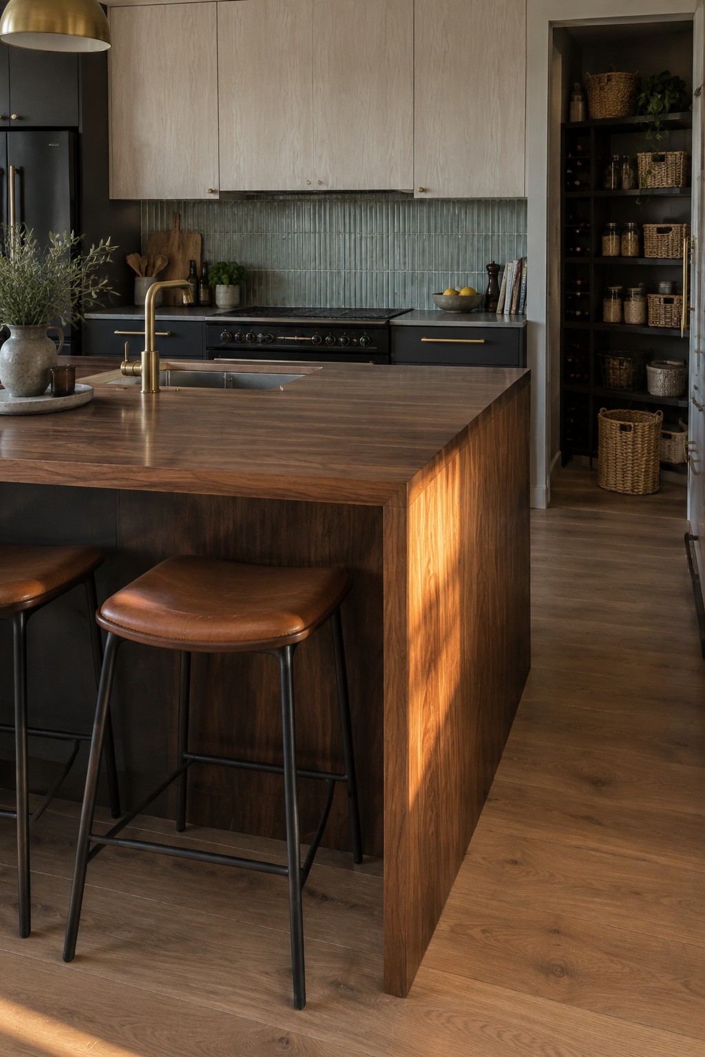A modern kitchen interior showing light wood upper cabinets, dark lower cabinets, a dark wood island with two brown leather stools, and a green tile backsplash.