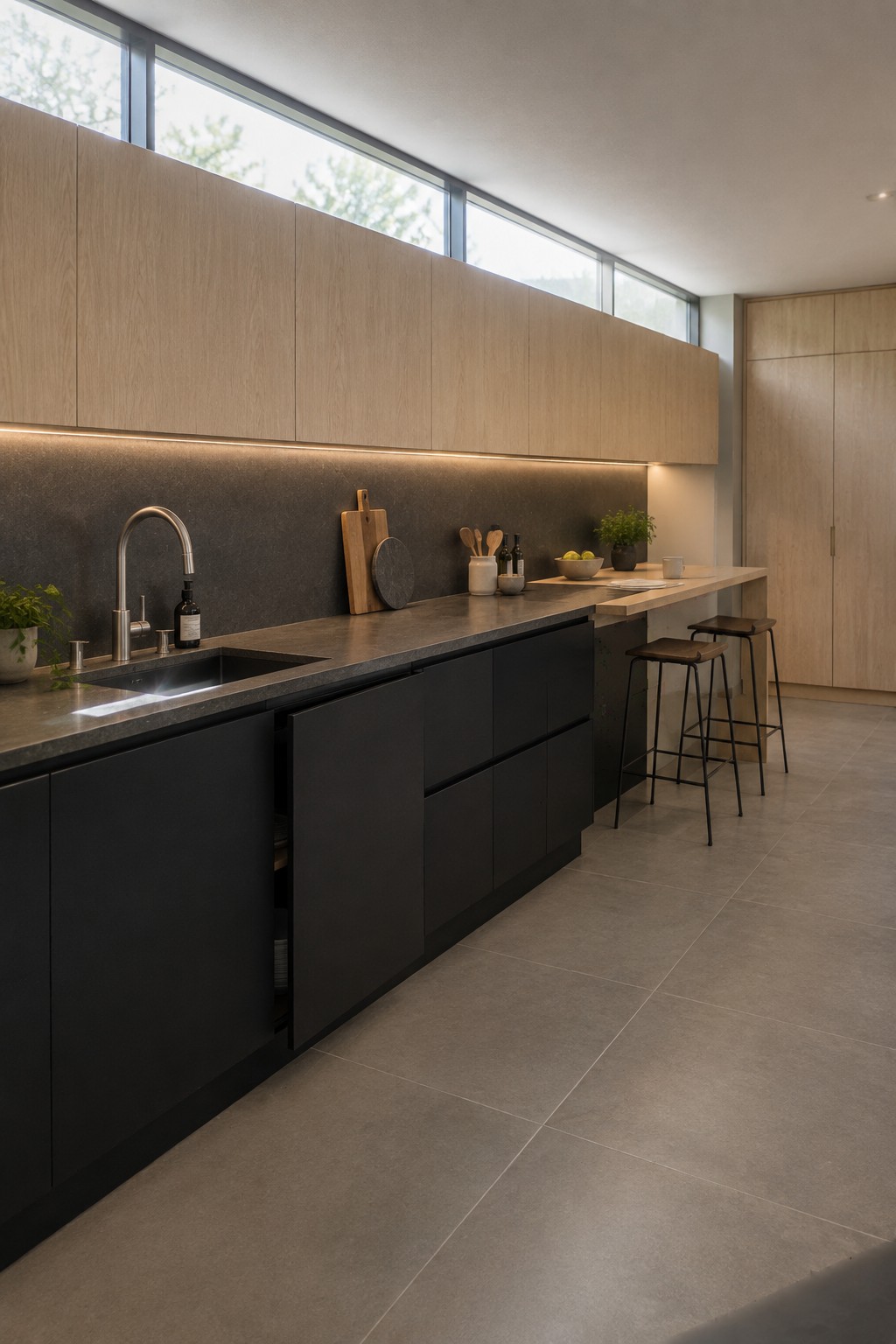 A modern kitchen with light wood upper cabinets, dark lower cabinets, a dark countertop, and two stools at a short extension of the counter.